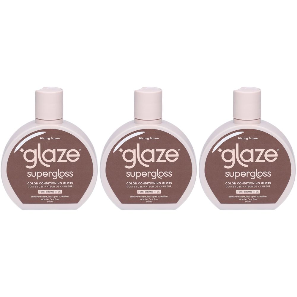 Drei Flaschen Glaze Supergloss Blazing Brown. Farbconditioner in ovalen Flaschen mit hellbraunen Deckeln. Text auf Etikett.