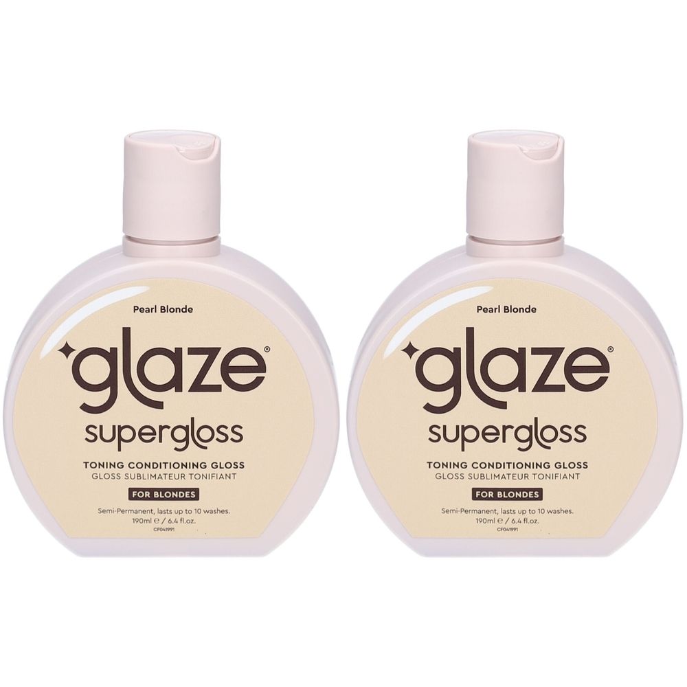 Zwei Flaschen Glaze Supergloss Pearl Blonde. Runde, cremefarbene Flaschen mit weißem Deckel. Aufschrift: Toning Conditioning Gloss.