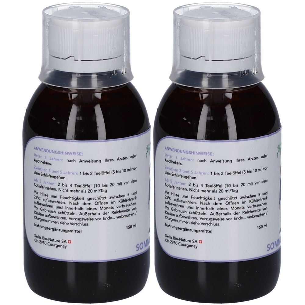 Zwei braune Flaschen mit weißem Deckel. Aufkleber mit Text. Aufschrift: 150 ml. Hersteller: Swiss Bio-Nature SA.