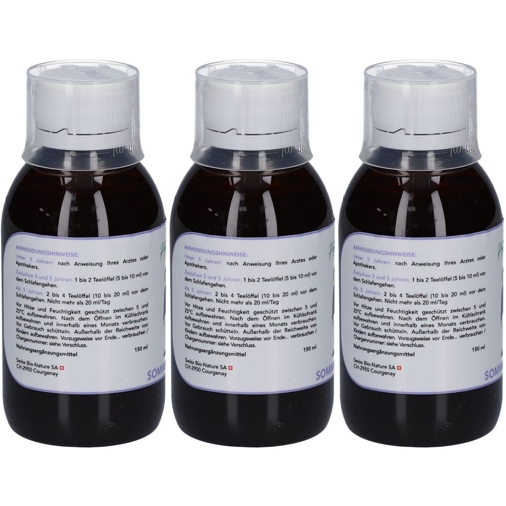 Drei Flaschen mit brauner Flüssigkeit. Weiße Deckel, Etiketten mit Text. Aufschrift: SOMNIBIO. 100 ml.