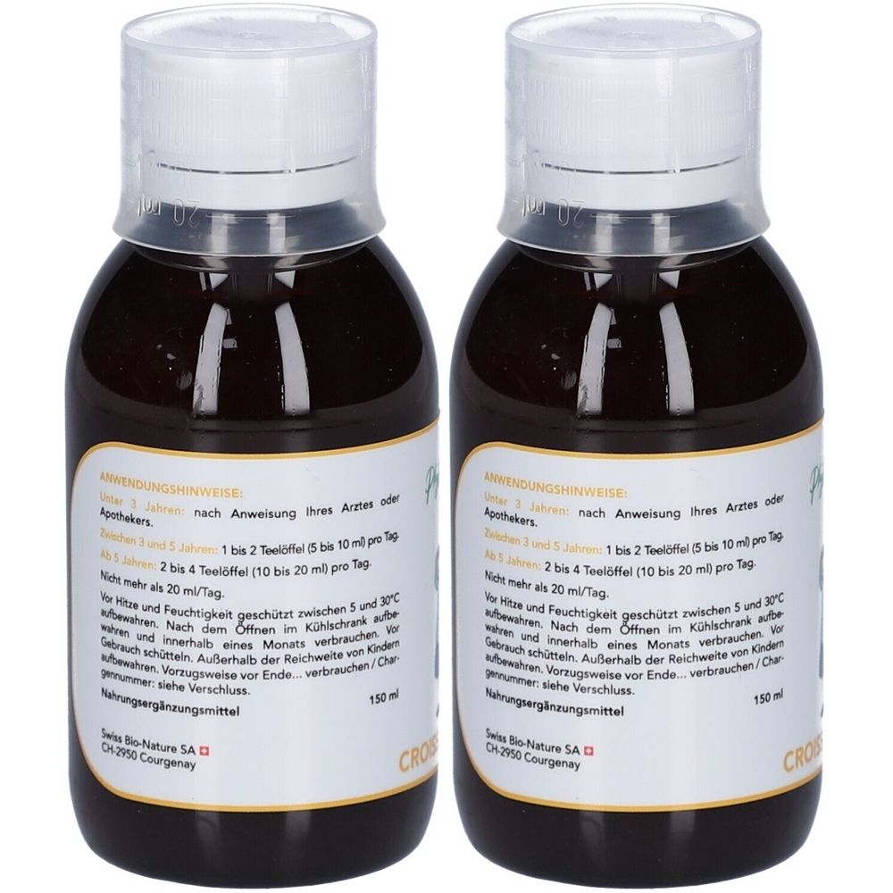 Zwei Flaschen mit weißem Deckel und brauner Flüssigkeit. Etikett mit Text. Aufschrift: Swiss Bio-Nature SA. 150 ml.