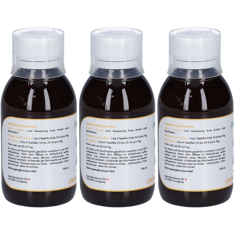 Drei Flaschen mit brauner Flüssigkeit. Weiße Deckel und Etiketten mit Text. 150 ml. CROMA.