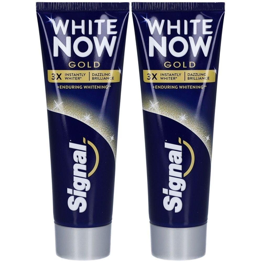 Zwei Tuben Zahnpasta Signal White Now Gold. Blaue Tuben mit weißer Schrift. Aufschrift: White Now Gold, 3x weißer, strahlender Glanz.