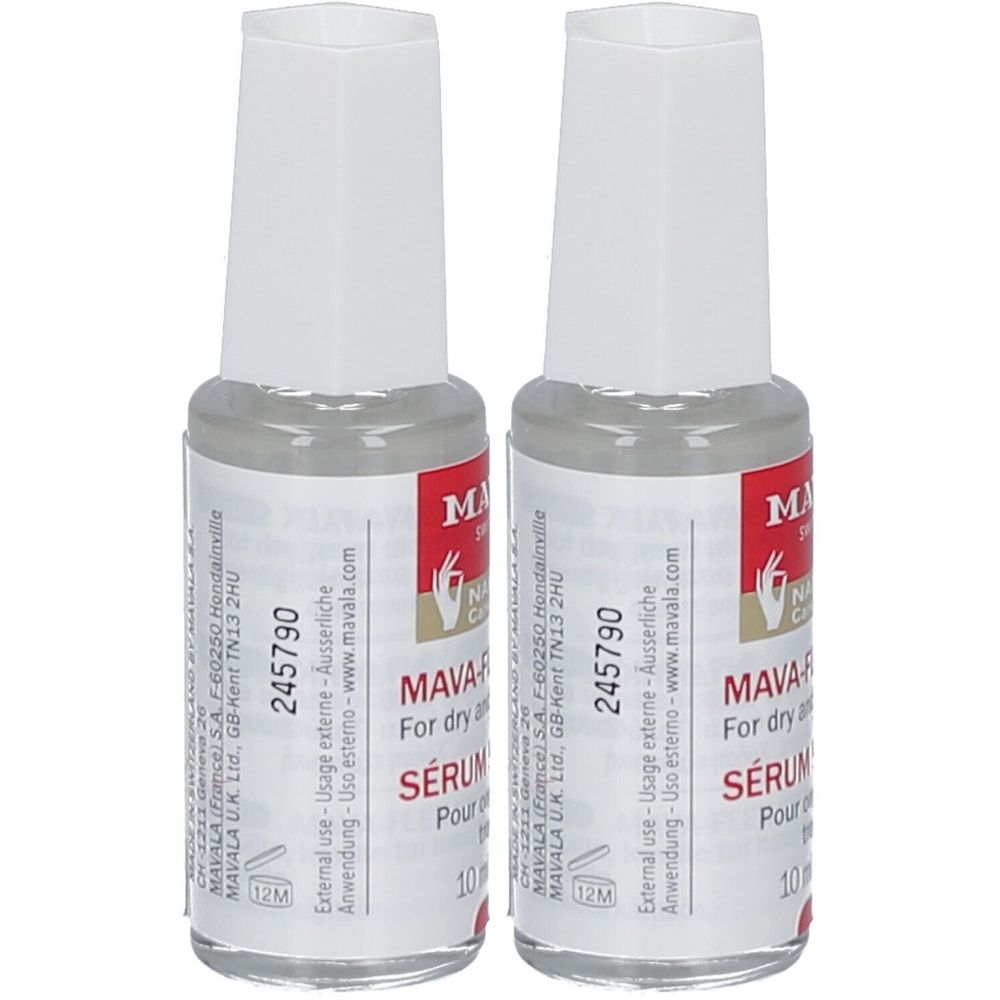 Zwei Flaschen Nagelserum mit weißem Deckel. Rote Etiketten mit Text. 10 ml.