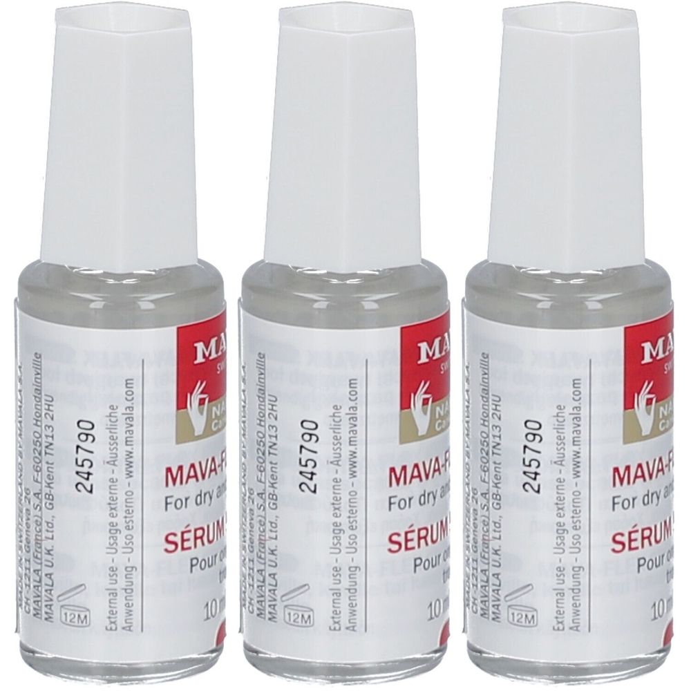 Drei Fläschchen Mavala Mava-Flex Nagelserum. Klare Flüssigkeit in Glasflaschen mit weißen Deckeln und Etiketten.