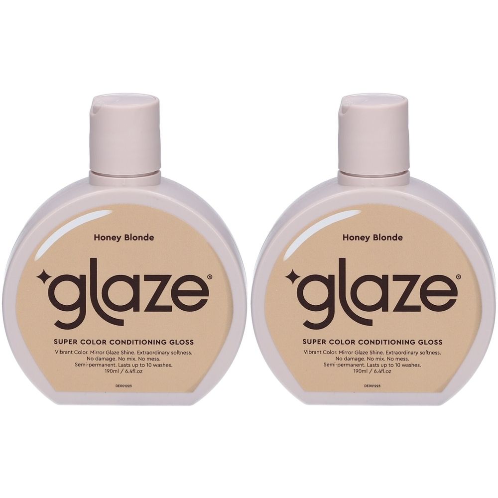 Deux flacons de Glasur Supergloss Blond Miel. Forme ronde, bouchon beige clair, texte 'glaze'.