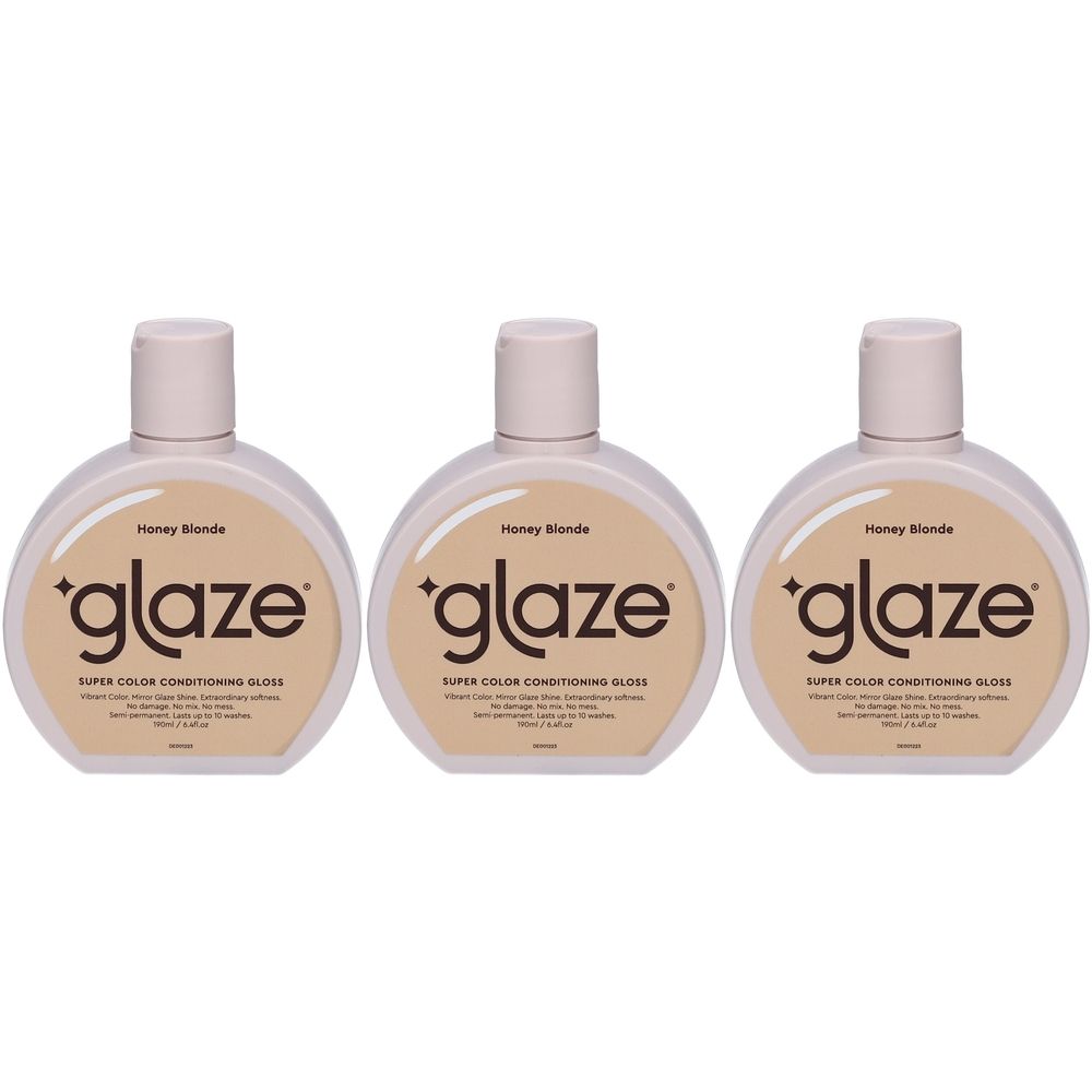 Trois flacons de soin gloss blond miel. Chaque flacon a une étiquette beige avec le mot « glaze ».