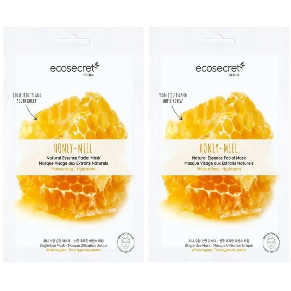 Zwei Ecosecret Gesichtsmasken. Weiße Verpackung mit Honigwaben-Motiv. Text: Honey-Miel, Natural Essence Facial Mask.