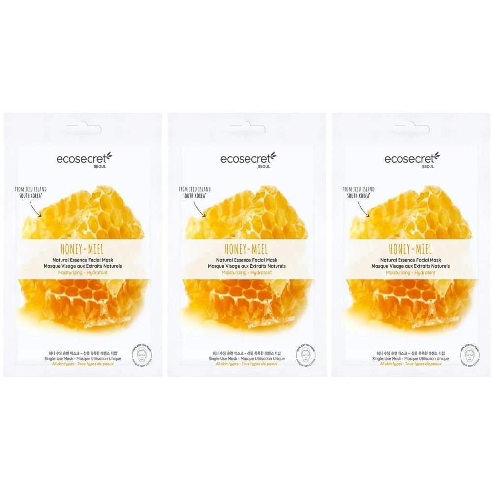 Drei Gesichtsmasken-Verpackungen. Auf jeder Verpackung ist ein Honigwaben-Motiv abgebildet. Der Markenname ist Ecosecret.