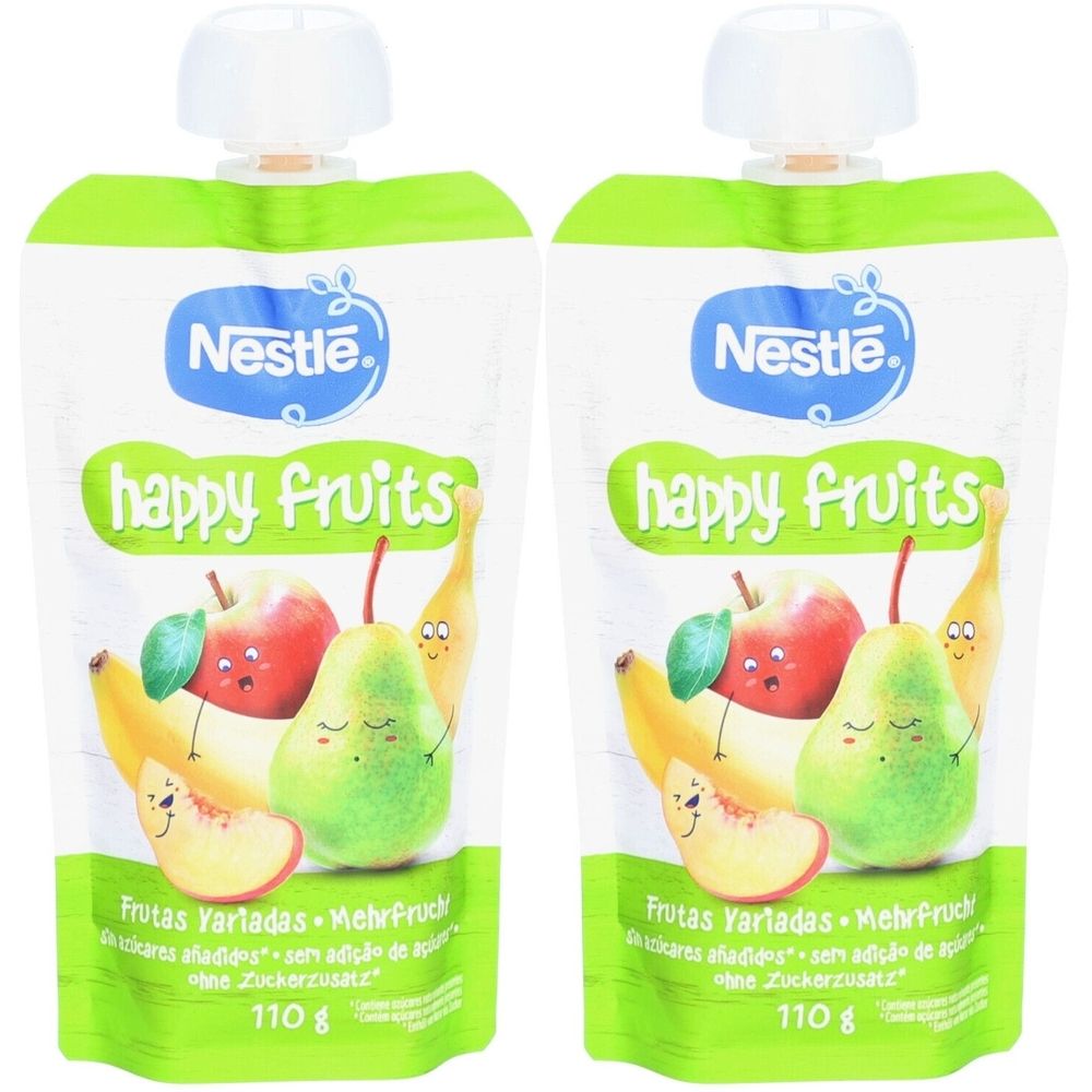 Zwei Quetschbeutel mit Nestlé Happy Fruits. Aufdruck mit Früchten. Text: Frutas Variadas, Mehrfrucht, ohne Zuckerzusatz, 110g.