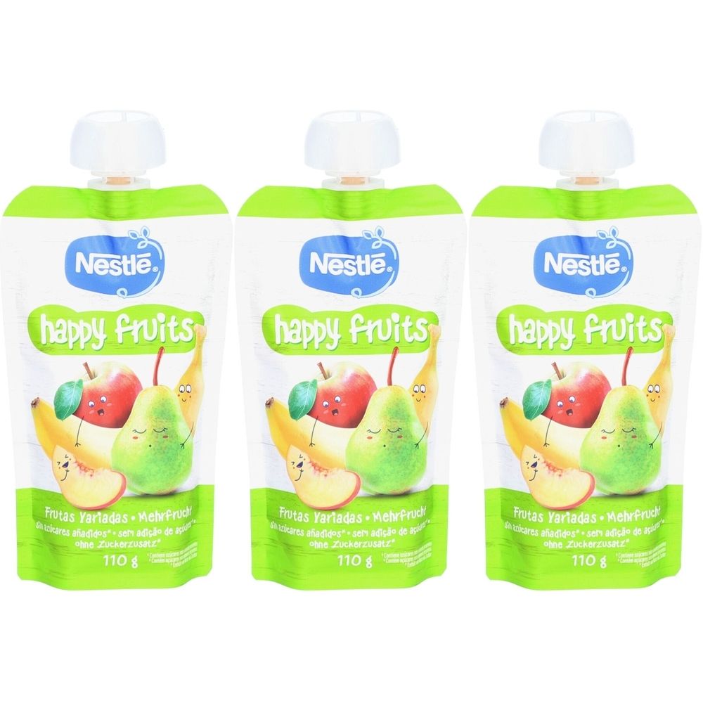 Drei Quetschbeutel mit Obstpüree. Aufschrift: Nestlé happy fruits. Abbildung von Früchten. 110g.