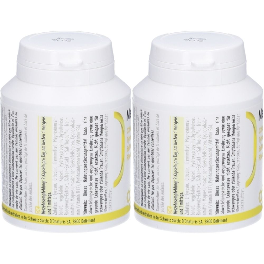 Zwei weiße Pillendosen mit gelben Etiketten. Aufschrift: Verzehrsempfehlung, Inhaltsstoffe. Deckel mit Klappverschluss.