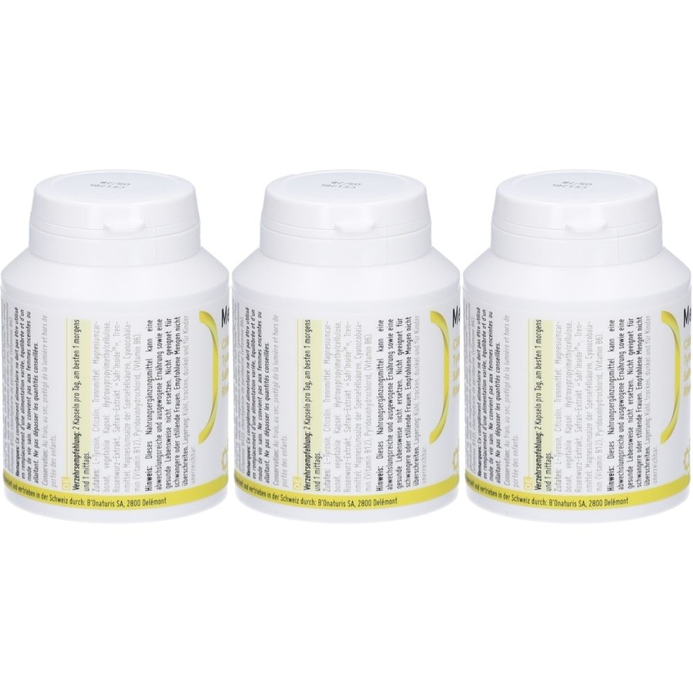 Drei weiße Pillendosen mit gelben Etiketten. Aufschrift und Informationen auf den Etiketten. Weiße Deckel.