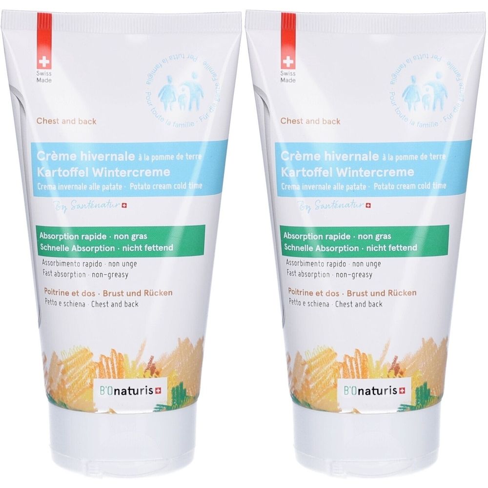 Zwei Tuben Kartoffel Wintercreme. Weiß, mit blauen und grünen Akzenten. Text: Brust & Rücken, schnelle Absorption.