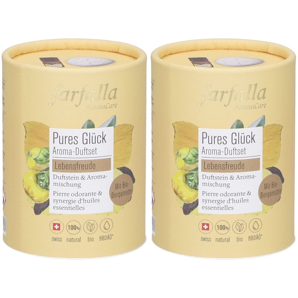 Zwei zylindrische Behälter mit Aufschrift "Pures Glück Aroma-Duftset". Enthält Duftstein und Aromamischung. Swiss natural bio BBOA.