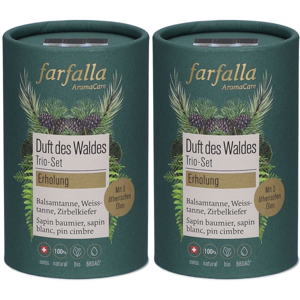 Zwei zylindrische Behälter. Aufschrift: Farfalla AromaCare, Duft des Waldes Trio-Set, Erholung. Swiss Natural Bio.