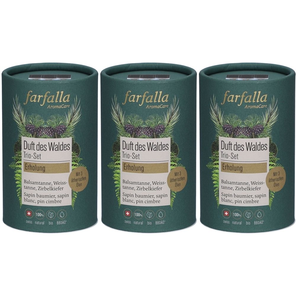 Trois contenants cylindriques. Inscription : Farfalla AromaCare, Duft des Waldes Trio-Set. Label de qualité suisse.