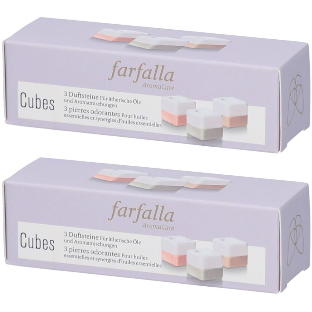 Zwei lilafarbene Kartons mit "farfalla"-Logo und "Cubes"-Schriftzug. Abgebildet sind Duftsteine in Würfelform.