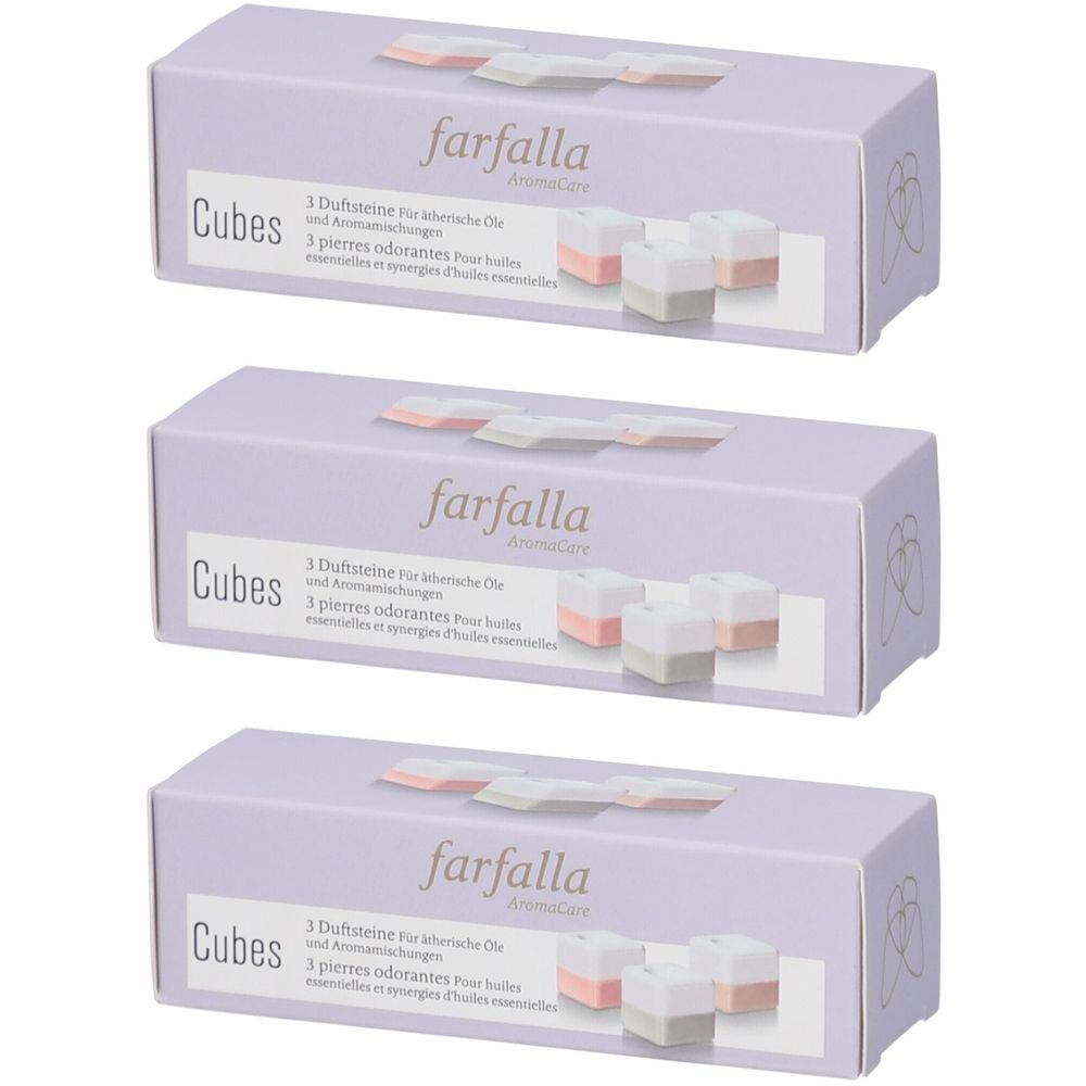 Drei lilafarbene Kartons mit der Aufschrift "farfalla". Auf jedem Karton sind drei Duftsteine abgebildet.