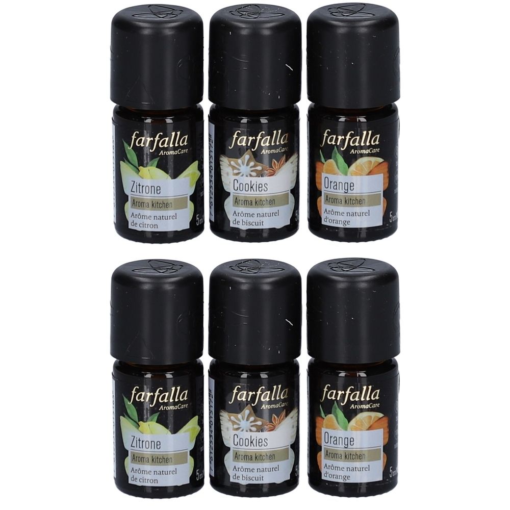Sechs kleine Flaschen mit schwarzen Deckeln. Auf den Etiketten steht "farfalla" und verschiedene Aromen: Zitrone, Cookies, Orange.