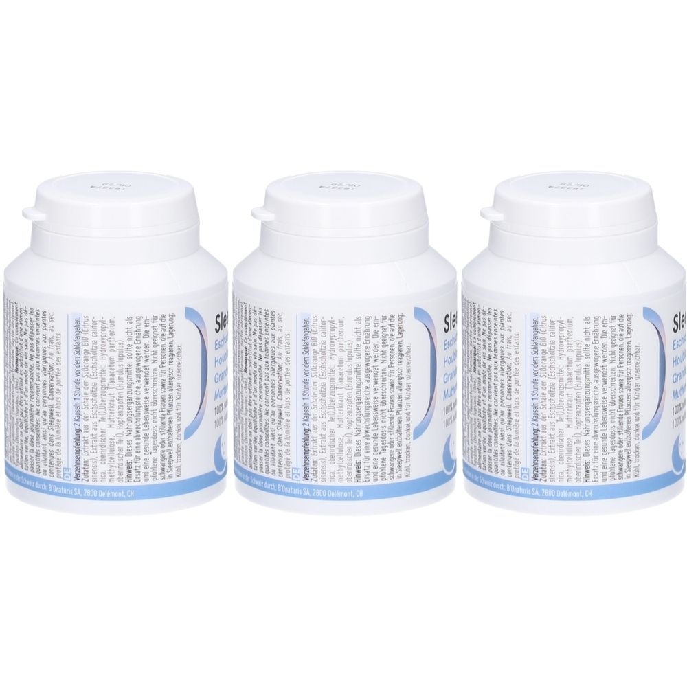 Drei weiße Pillendosen mit blauem Etikett. Aufschrift Sleepwell. Deckel mit Sicherheitsverschluss.