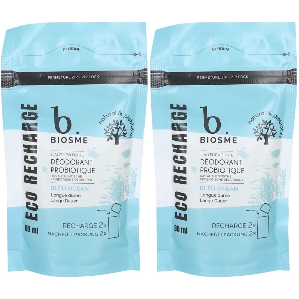 Zwei Nachfüllpackungen BIOSME Deodorant. Hellblaue Beutel mit Reißverschluss. Aufdruck: BIOSME, Deodorant, Bleu Ocean, Eco Recharge.