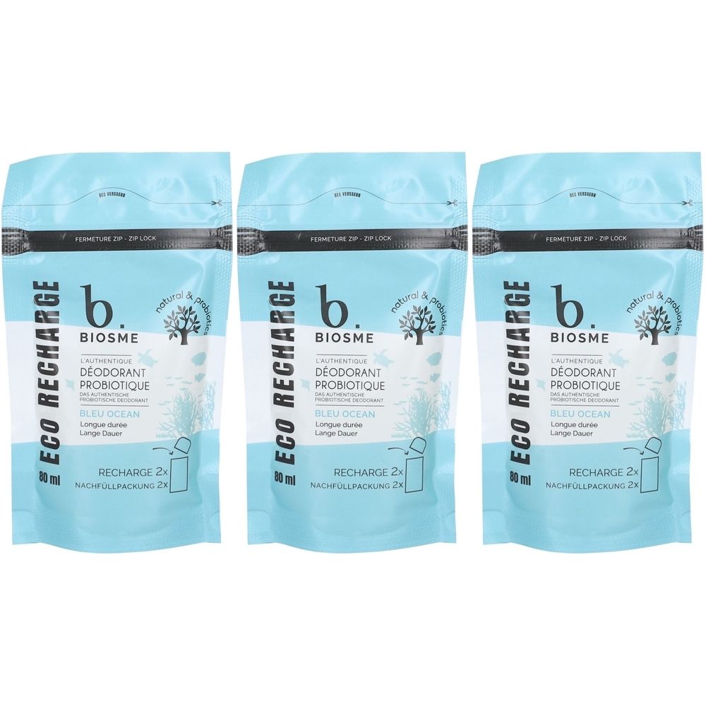 Drei Nachfüllpackungen Deodorant. Hellblaue Beutel mit Produktbezeichnung und Logo. Text: BIOSME, Deodorant Probiotique.