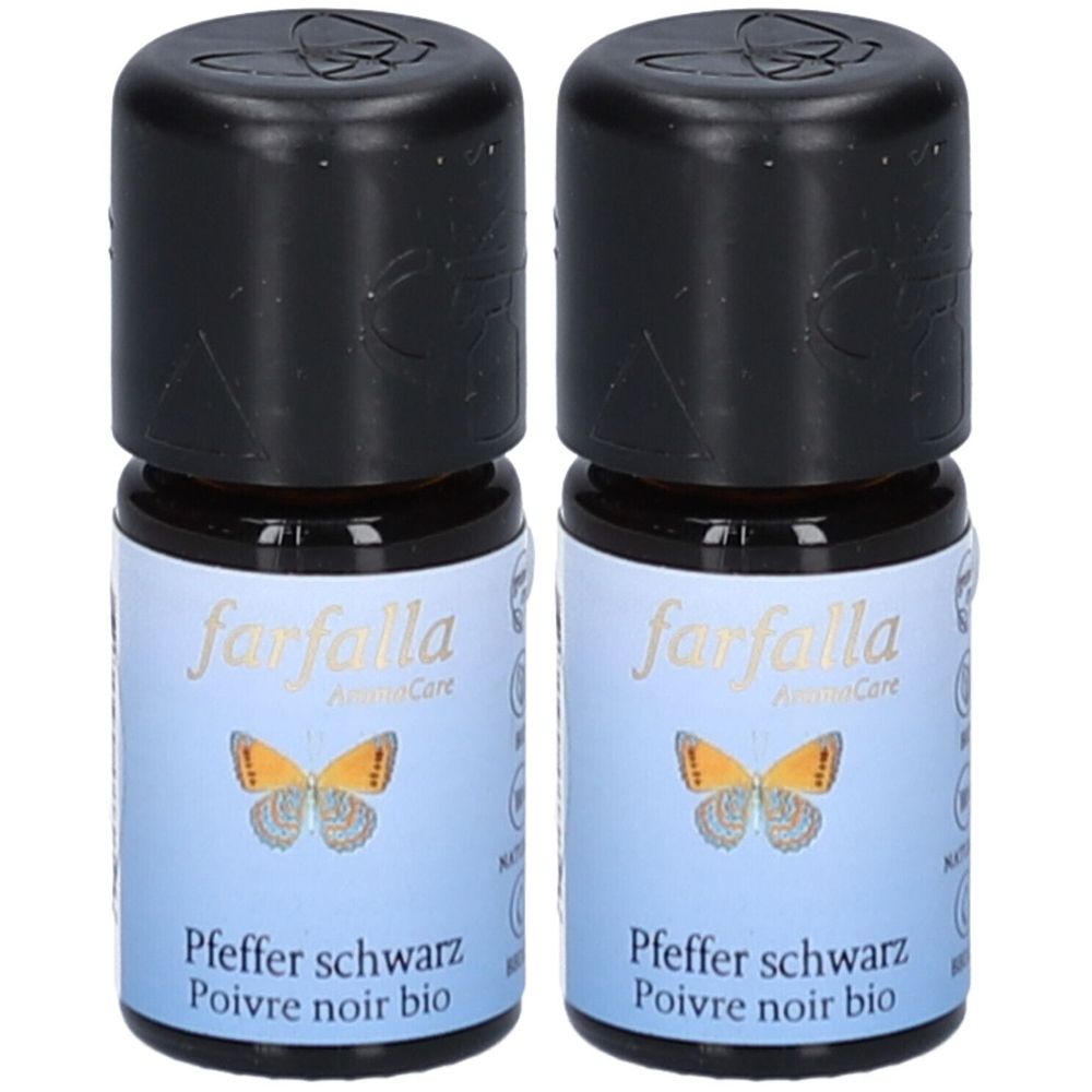 Deux flacons en verre avec bouchons noirs. Étiquette: farfalla, papillon, Pfeffer schwarz, Poivre noir bio.