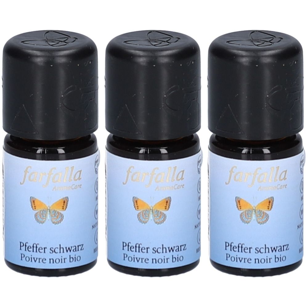 Trois petites bouteilles à bouchon noir. Les étiquettes indiquent "farfalla" et "Pfeffer schwarz".