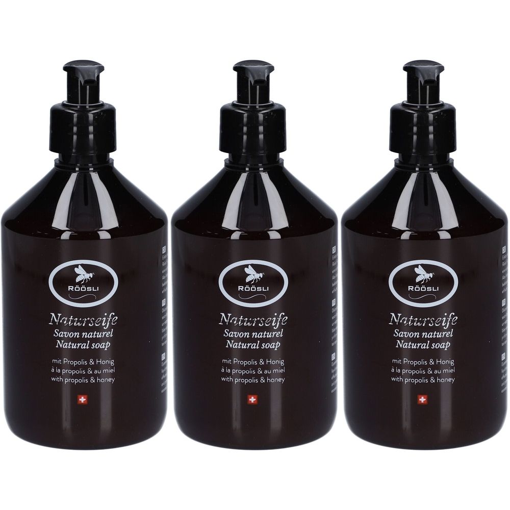 Drei braune Seifenflaschen mit schwarzem Pumpkopf. Auf jeder Flasche steht "RÖÖSLI Naturseife" und "mit Propolis & Honig".