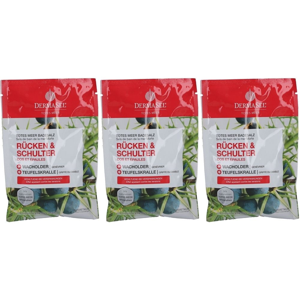 Drei Beutel Dermasel Kristallbad Rücken & Schulter. Rote Oberseite mit weißem Feld und Text. Enthält Wacholder und Teufelskralle.