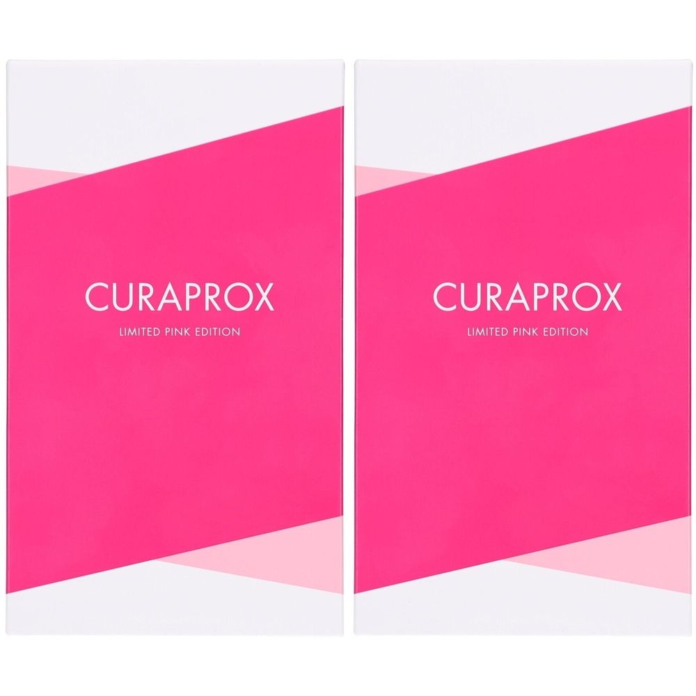Deux emballages rectangulaires. Sur fond rose, CURAPROX, Limited Pink Edition. La partie supérieure est blanche.
