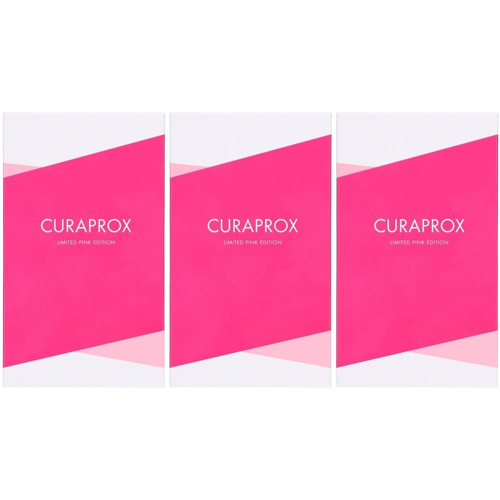 Trois boîtes roses et blanches. Chaque boîte affiche "CURAPROX" et "LIMITED PINK EDITION".