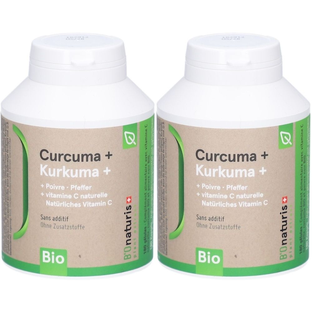 Zwei weiße Flaschen mit Etiketten. Aufschrift: Curcuma + Kurkuma +, Bio. Enthält Vitamin C. Marke: BIOnaturis.