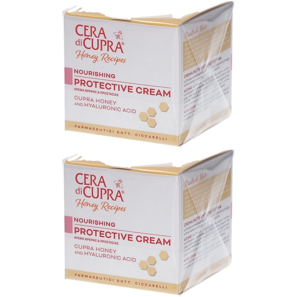 Deux boîtes carrées. Inscription: Cera di Cupra, Honey Recipes, Protective Cream, Cupra Honey and Hyaluronic Acid.