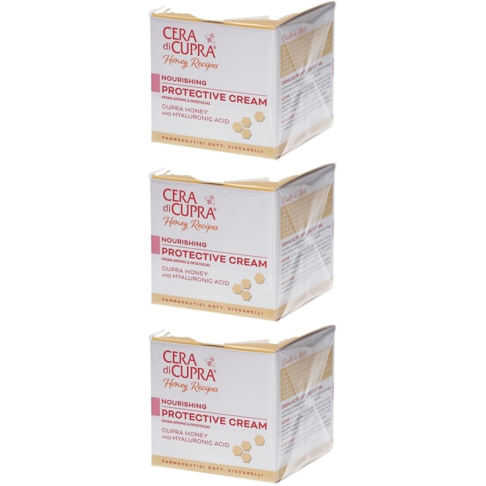 Trois boîtes carrées avec impression du produit. Inscription : Cera di Cupra, Protective Cream, Cupra Honey, Acide Hyaluronique.