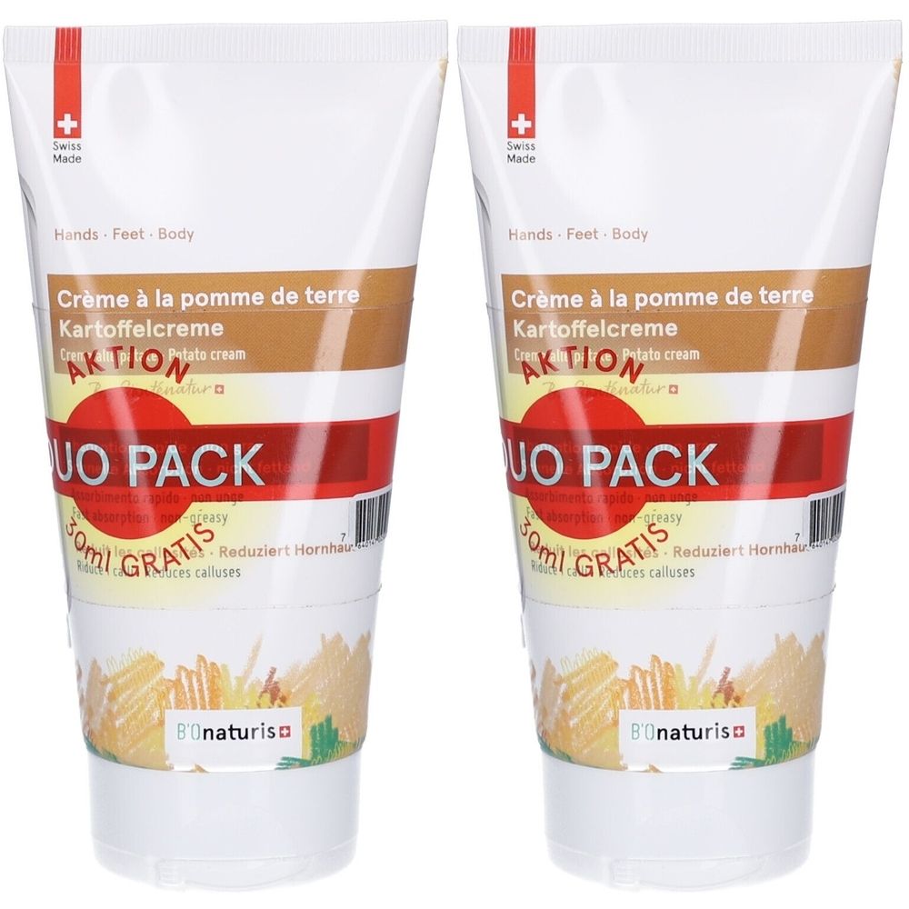 Deux tubes de crème. Inscription: Crème à la pomme de terre, Kartoffelcreme, Duo Pack, Gratis. Croix suisse.