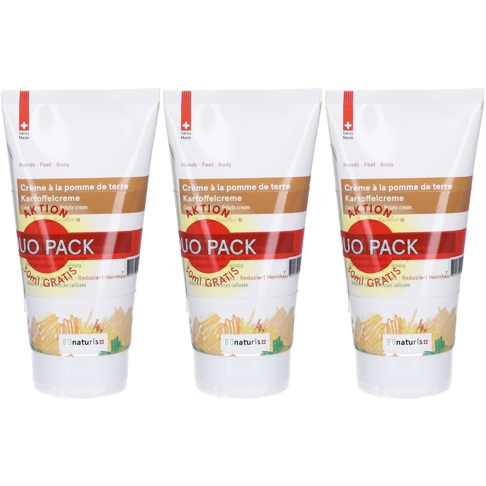 Trois tubes de crème. Inscription: Crème à la pomme de terre, Kartoffelcreme, AKTION, DUO PACK, 50ml GRATIS. Logo: naturiso.
