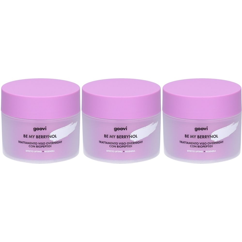 Drei Tiegel mit rosa Deckel. Auf den Tiegeln steht „goovi BE MY BERRYNOL“. Text darunter: „TRATTAMENTO VISO OVERNIGHT CON BIOPEPTIDI“.