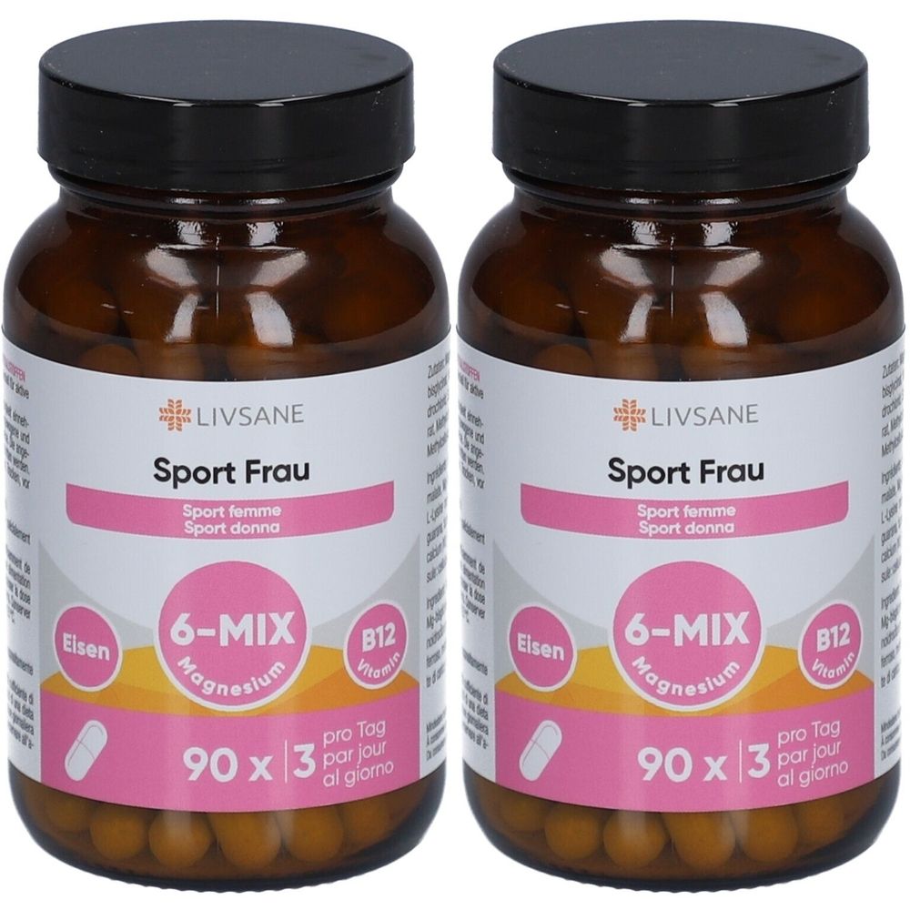 Zwei Flaschen LIVSANE Sport Frau. Braune Glasflaschen mit schwarzem Deckel. Rosa Etikett mit Produktnamen und Inhaltsstoffen. 90 Kapseln.