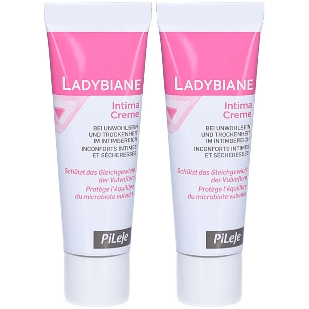 Zwei Tuben Intimcreme. Weiß, mit rosa Akzenten. Aufschrift: Ladybiane, Intima Creme. Text in Deutsch und Französisch.