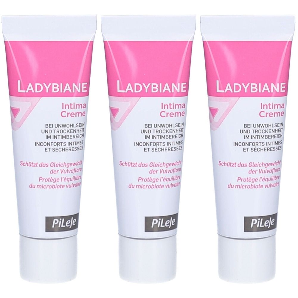 Drei Tuben Ladybiane Intima Creme. Weiße Tuben mit pinkfarbenem Deckel und Schriftzug. Text in Deutsch und Französisch.