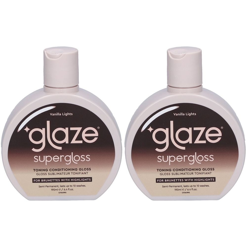 Zwei ovale Flaschen mit cremefarbenen Deckeln. Auf jeder Flasche steht "glaze supergloss" und weitere Produktinformationen.