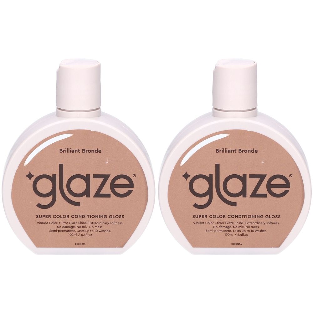 Zwei Flaschen mit weißem Deckel. Aufschrift 'glaze' und 'Brilliant Bronde'. Produktname: Super Color Conditioning Gloss.