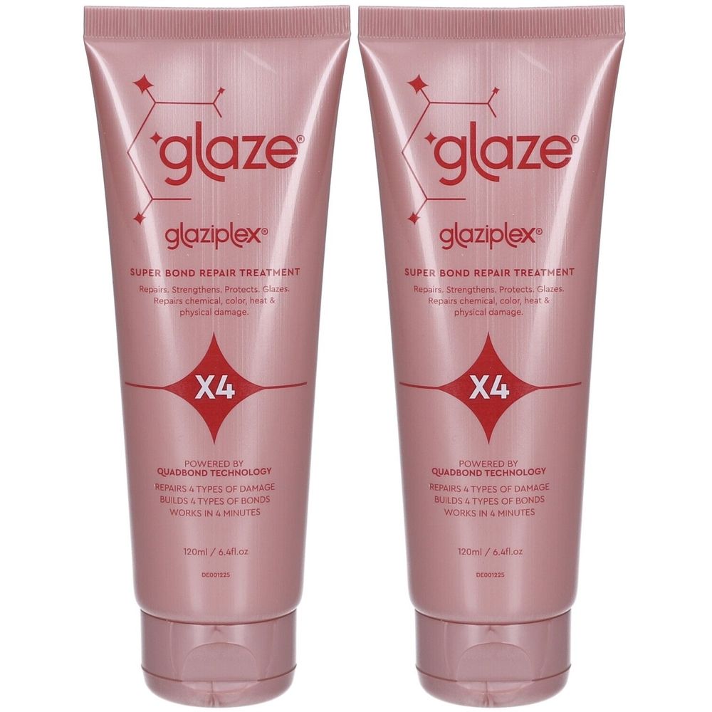 Zwei Tuben Haar-Reparaturpflege. Rosa Tuben mit Schriftzug 'glaze' und 'glaziplex'. Text: Super Bond Repair Treatment.