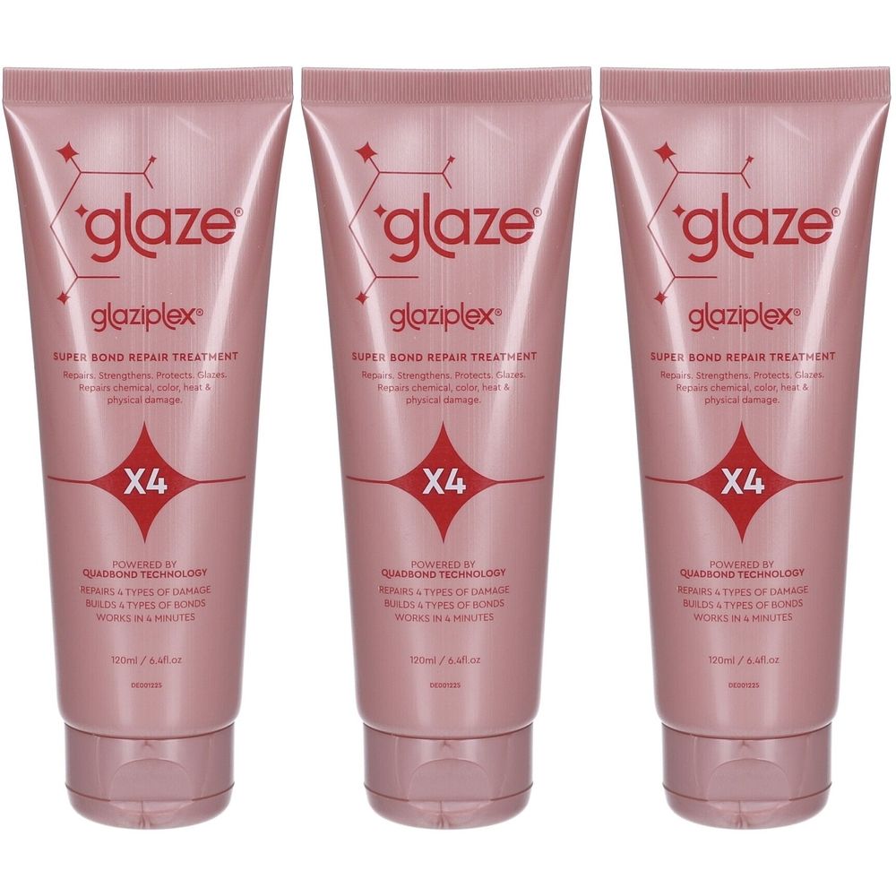 Drei Tuben Glaze GlaziPlex Super Bond Repair Treatment. Rosa Verpackung mit roter Schrift und Logo. X4-Symbol.