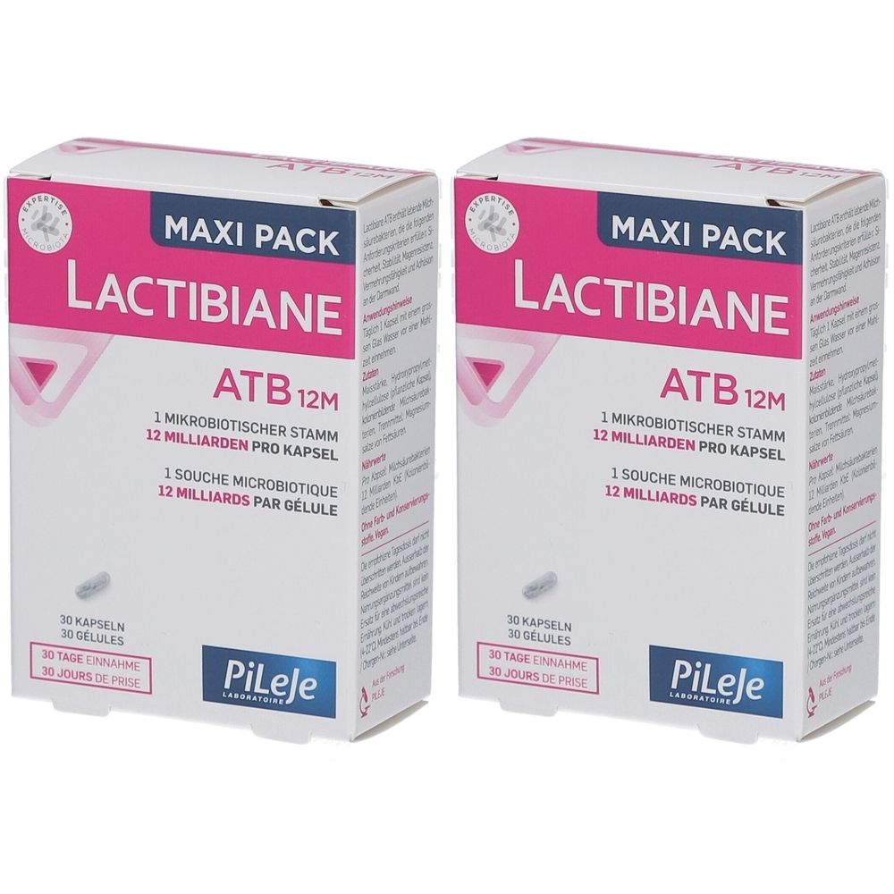 Zwei rechteckige Kartons mit der Aufschrift LACTIBIANE ATB 12M. Aufschrift: 12 Milliarden pro Kapsel. Marke: PiLeJe.