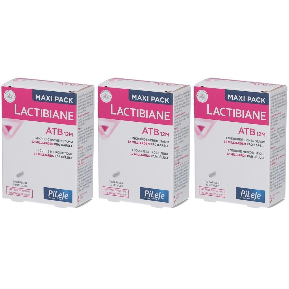 Drei weiße Kartons mit rosa Akzenten. Aufschrift: LACTIBIANE ATB 12M, Maxi Pack. Logo: PiLeje. Kapsel-Abbildung.