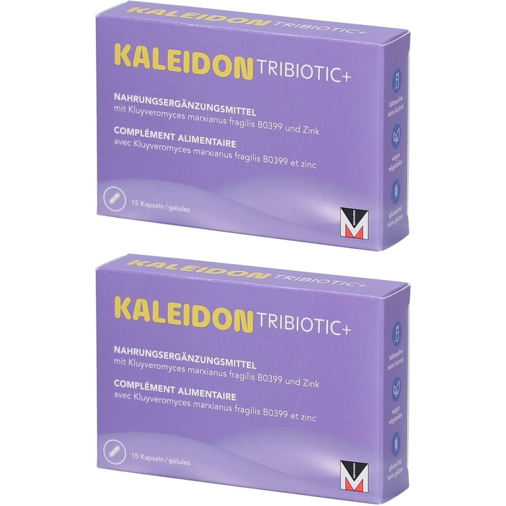 Zwei lila Schachteln mit "KALEIDON TRIBOTIC+" Aufschrift. Text in Deutsch und Französisch. Logo "M".