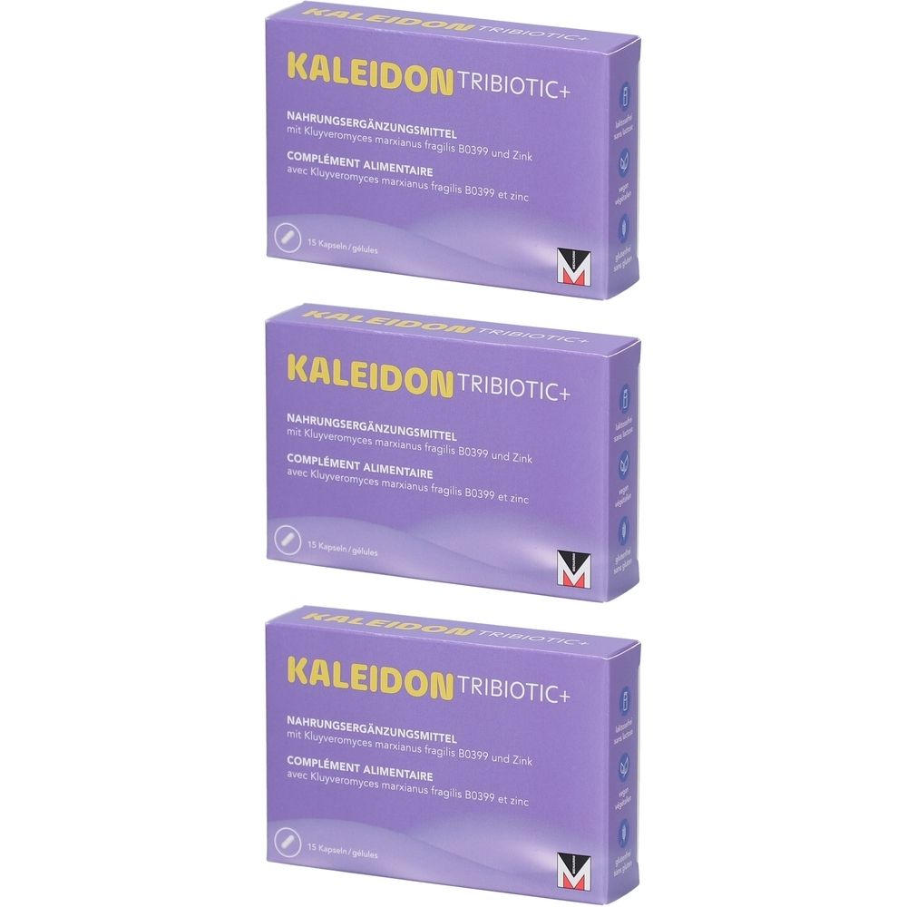Drei lila Schachteln mit der Aufschrift KALEIDON TRIBIOTIC+. Auf jeder Schachtel steht "Nahrungsergänzungsmittel" und "COMPLEMENT ALIMENTAIRE".